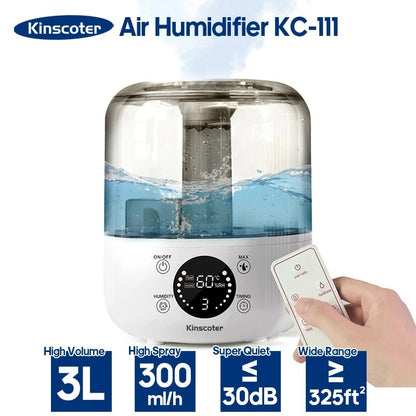 The KINSCOTER 3L Air Humidifier is a large-capacity humidifier ideal for homes and offices, featuring the following: