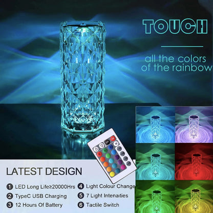 "Rechargeable 16-Color RGB Rose LED Night Light – Color Changing Crystal Touch Table Lamp"