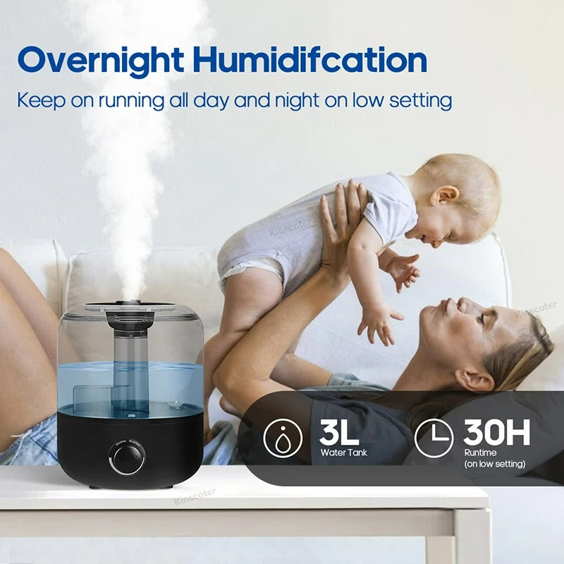 The KINSCOTER 3L Air Humidifier is a large-capacity humidifier ideal for homes and offices, featuring the following: