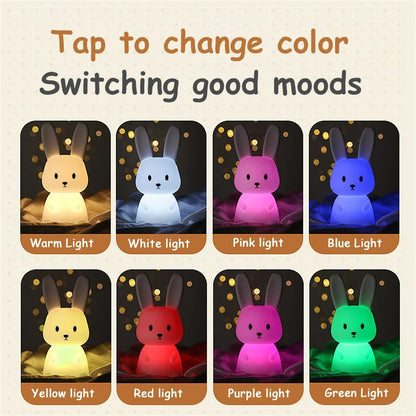 LED Night Light - Cute Rabbit Silicone Lamp, Dimmable & USB Rechargeable