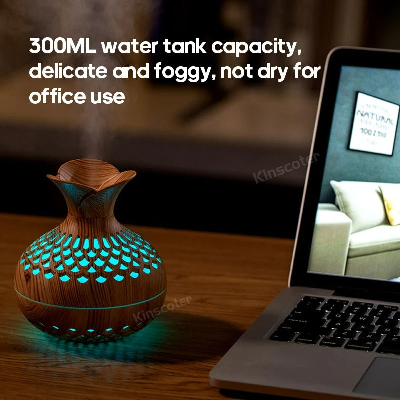 Vase Aromatherapy Diffuser 300ml Wood Grain Portable Air Humidifier Essential Oil Diffuser Sprayer Ultrasonic Atomizer RGB Lamp