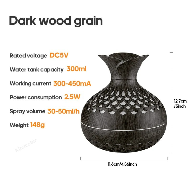 Vase Aromatherapy Diffuser 300ml Wood Grain Portable Air Humidifier Essential Oil Diffuser Sprayer Ultrasonic Atomizer RGB Lamp