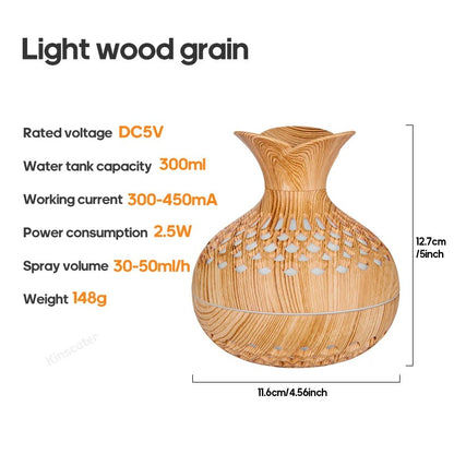 Vase Aromatherapy Diffuser 300ml Wood Grain Portable Air Humidifier Essential Oil Diffuser Sprayer Ultrasonic Atomizer RGB Lamp