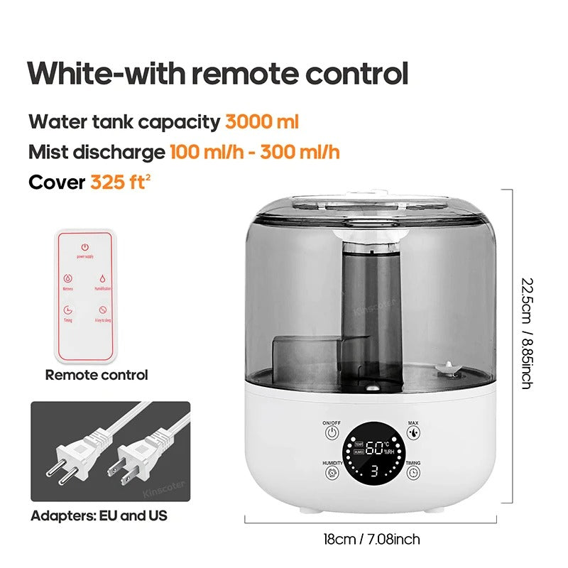 The KINSCOTER 3L Air Humidifier is a large-capacity humidifier ideal for homes and offices, featuring the following: