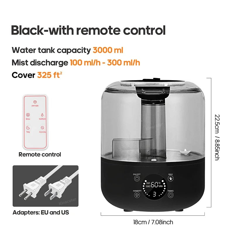 The KINSCOTER 3L Air Humidifier is a large-capacity humidifier ideal for homes and offices, featuring the following: